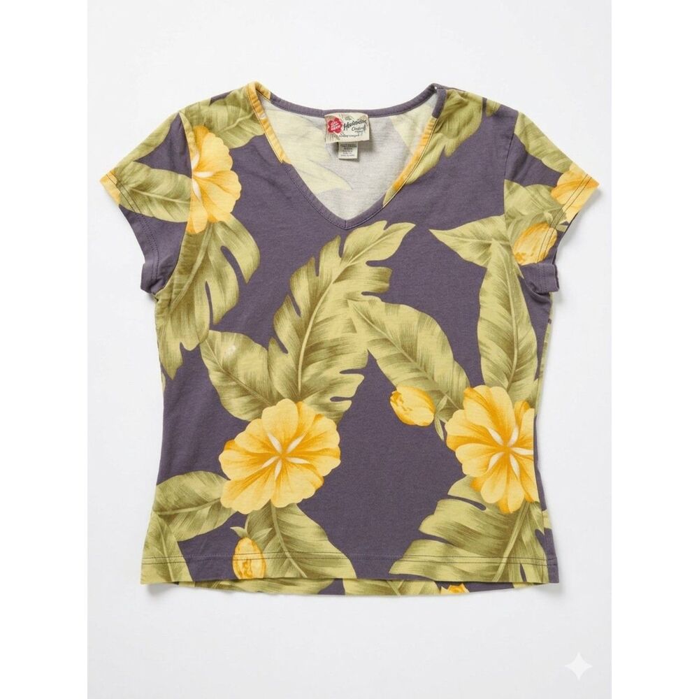 VTG Hilo Hattie Hawaiian Original Tropical Floral V-Neck Top Made in Hawaii - S